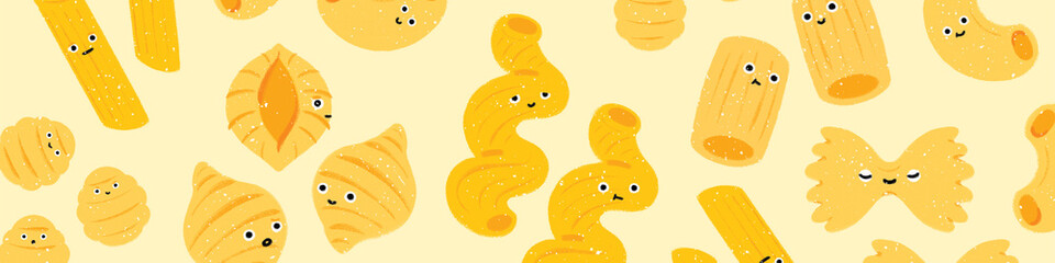 cute kiddy cartoonish Italian pasta characters banner hand drawn style food recipe cookbook picture book children's book food culture menu trendy illustrations with yellow background 