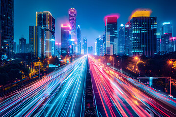 Fototapeta premium A vibrant cityscape with motion blur light trails.