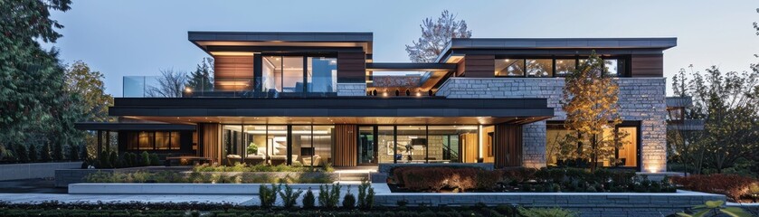 Obraz premium Modern building with stone and timber construction, lowimpact design, and energyefficient design, front view, emphasizing green living, robotic tone, Monochromatic Color Scheme