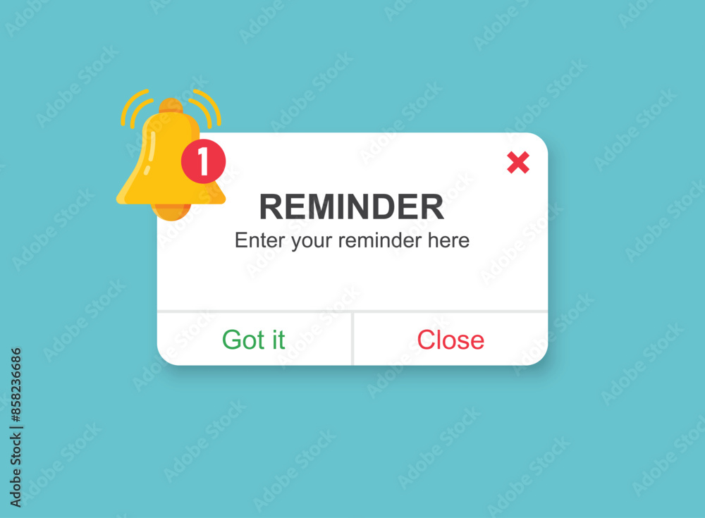 Poster reminder notifications page with alert bell icon in flat style. event notice message vector illustra