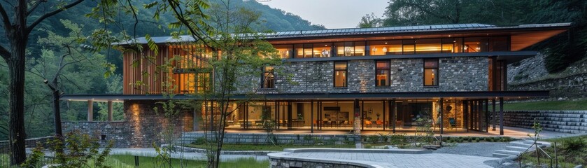 Fototapeta premium Building featuring stone and timber construction, lowimpact design, and energyefficient design, front view, illustrating green innovation, advanced tone, Complementary Color Scheme