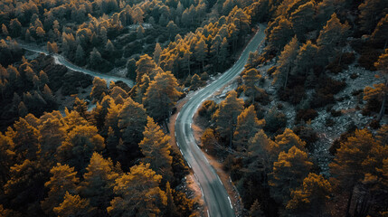 Drone shot of a winding mountain road cutting through a forest