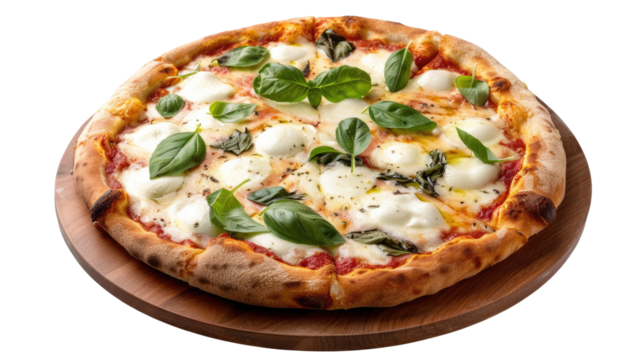 Photograph of a classic Neapolitan pizza, with bubbling mozzarella cheese, fresh basil leaves, and a drizzle of olive oil, on a transparent background. - Powered by Adobe