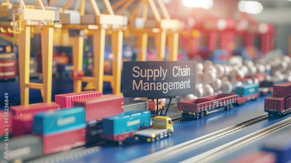 Poster efficient supply chain management concept featuring interconnected logistics, inventory control, and