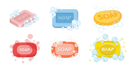 Obraz premium Bar of soap with foam icon set in flat style. Cosmetic product for hygienic vector illustration on isolated background. Toiletries sign business concept.