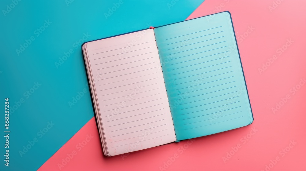 Poster bird s eye view of an empty notebook on a colorful pink and blue background with space for text
