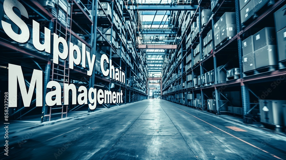 Poster a visual representation of supply chain management, illustrating the interconnected flow of goods, i