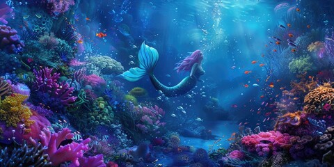 Obraz premium Cheerful Mermaid in a Colorful Ocean World