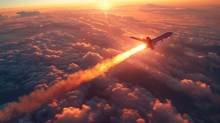 Naklejka premium Aircraft Flying Through Sunset Clouds With Contrail