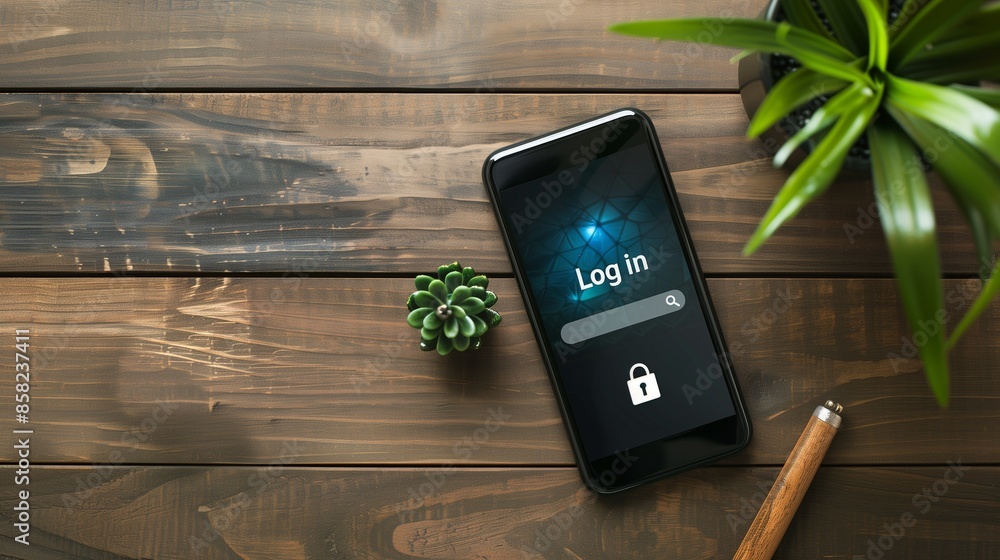 Poster close-up of a smartphone screen displaying the text log in, symbolizing online access, security, and