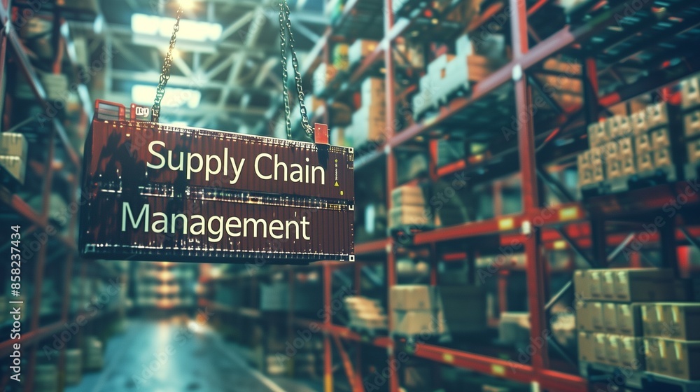 Poster efficient supply chain management concept featuring interconnected logistics, inventory control, and