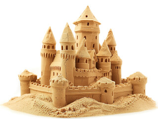 A sand castle isolated on a white background. Created with Generative AI technology.