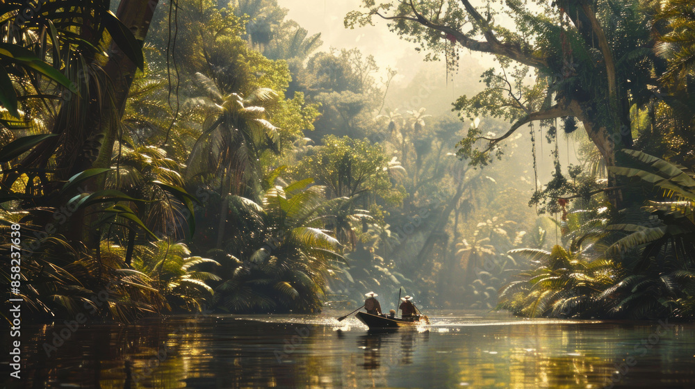 Wall mural Explorers navigating a river in a dense jungle