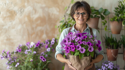Joyful female gardener holding a pot of vibrant violet petunias, smiling amidst a lush garden background.