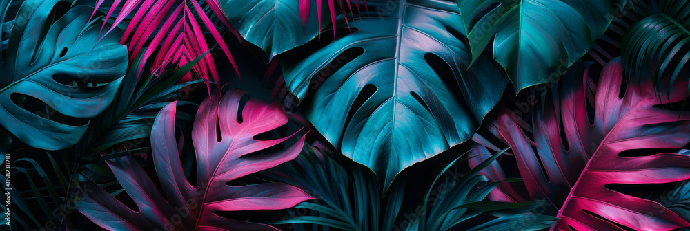 Wall mural vibrant tropical leaves in neon pink and blue light