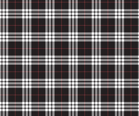 Plaid pattern, black, white, red, seamless for textiles, and for designing clothing, skirts, pants or decorative fabric. Vector illustration.