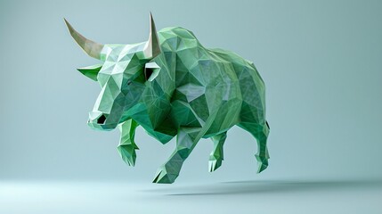 Obraz premium 3D geometric polygonal green bull, dynamic and powerful figure, ideal for bullish stock market, finance, strength, and modern design concepts.