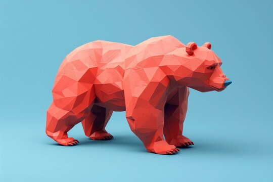 3D low-poly rendering of a red grizzly bear against a blue background, showcasing geometric shapes and vibrant colors.