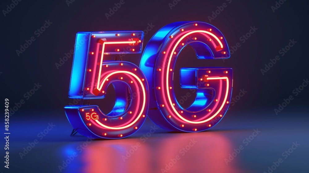 Poster 3d render of glowing 5g sign in blue and red on a dark background symbolizing fast internet connecti