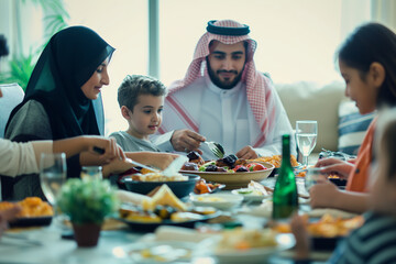 Happy Middle Eastern Family Enjoying Meal Together at Home