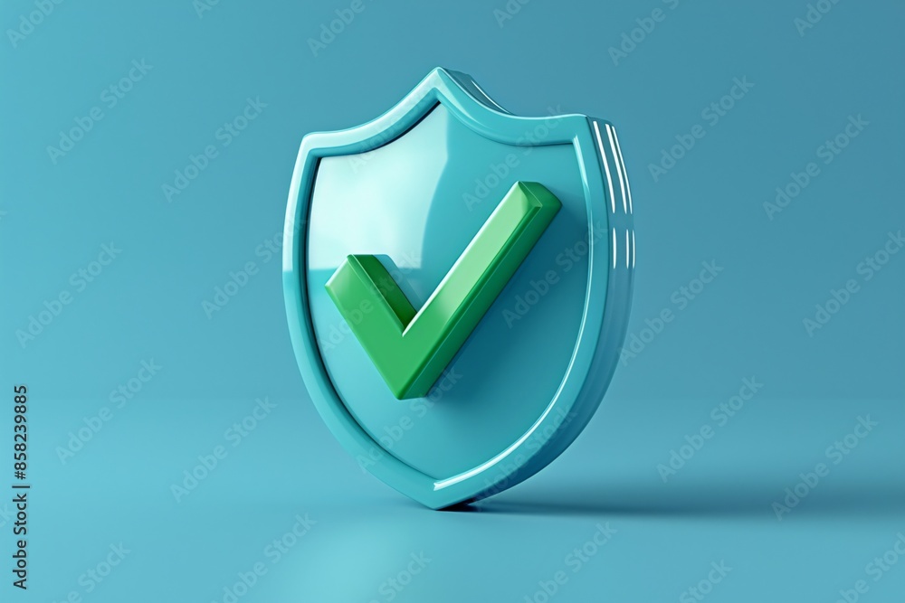 Poster 3d rendering of a teal shield with a green check mark symbolizing security and protection against a 