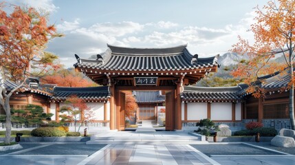 Obraz premium Traditional Korean gate with integrated photovoltaic glass
