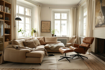 Fototapeta premium photo of brown sofa and recliner chair with plants in a scandinavian clean and minimalist living room apartment and design interior furniture