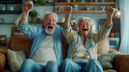 portrait of a couple of Caucasian pensioners fans joyfully raising their eyes up while sitting on the sofa at home rejoicing in victory. joyful elderly people celebrating success