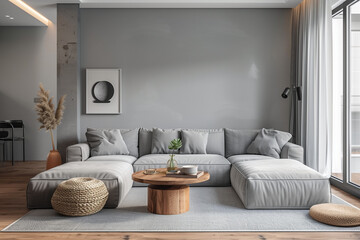 Fototapeta premium photo of grey sofa and recliner chair with plants in a scandinavian clean and minimalist living room apartment and design interior furniture