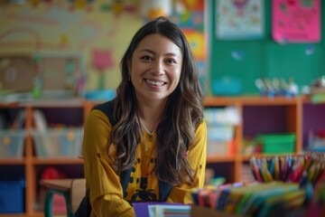 A confident teacher is in a colorful classroom, engaging students in various activities with enthusiasm AIG58