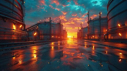 Obraz premium Large, well-insulated industrial tanks provide efficient energy storage through thermal energy management. illustration images