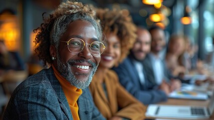 Obraz premium Diverse business team collaborates around a table, sharing ideas and using technology. illustration images