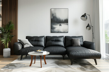 Fototapeta premium black sofa and recliner chair in scandinavian apartment with modern interior room design with plants