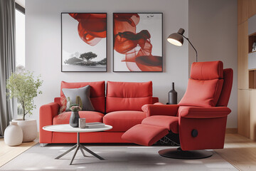 red sofa and recliner chair in scandinavian apartment with modern interior room design with plants