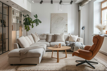 photo of grey sofa and recliner chair with plants in a scandinavian clean and minimalist living room apartment and design interior furniture