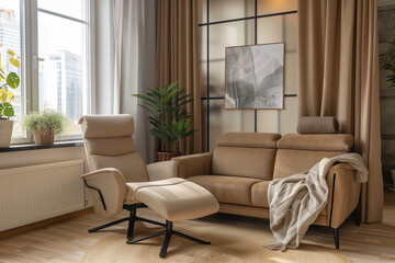 photo of brown sofa and recliner chair with plants in a scandinavian clean and minimalist living room apartment and design interior furniture