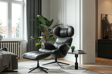 black sofa and recliner chair in scandinavian apartment with modern interior room design with plants