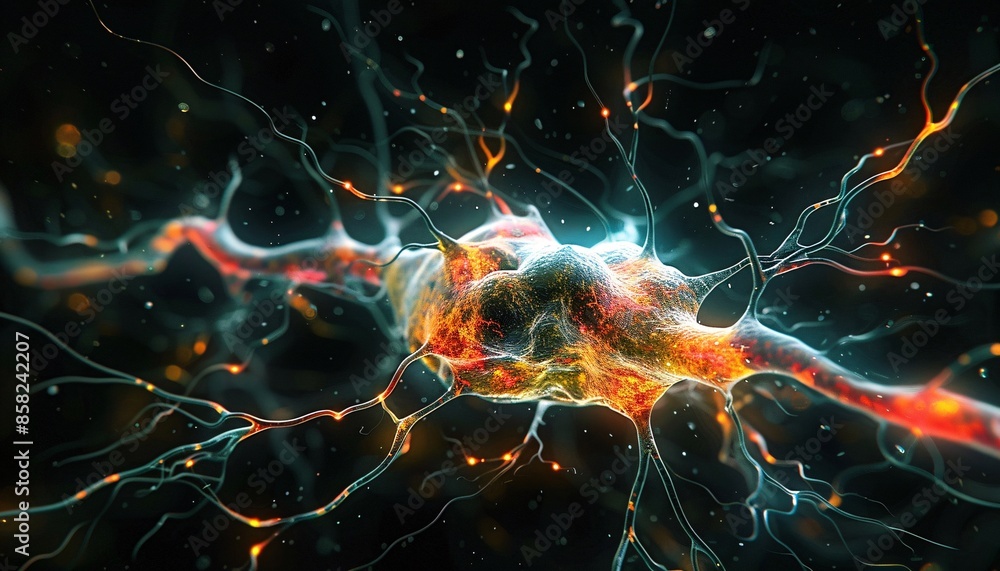 Aufkleber close-up of a neuron cell with glowing synapses and neural network connections in a dark background