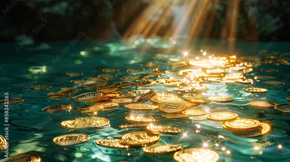 Poster Sunlit Gold Coins Floating on Water with Sparkling Reflections in a Tranquil Natural Setting