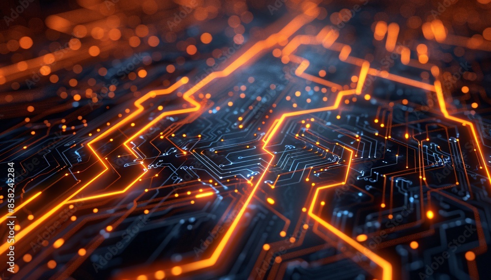 Aufkleber close-up of a futuristic circuit board with glowing orange and blue lines representing advanced tech