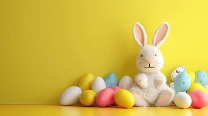 Cute Easter bunny and colorful eggs on background with space for text