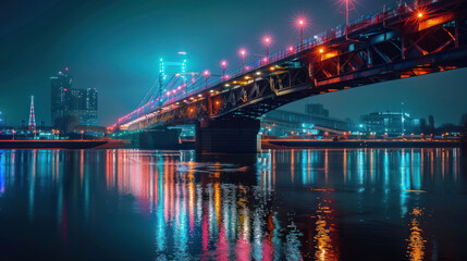 Fototapeta premium Iconic city bridge illuminated at night with reflection on water