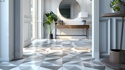 stylish entry hall with geometric patterned floor tiles