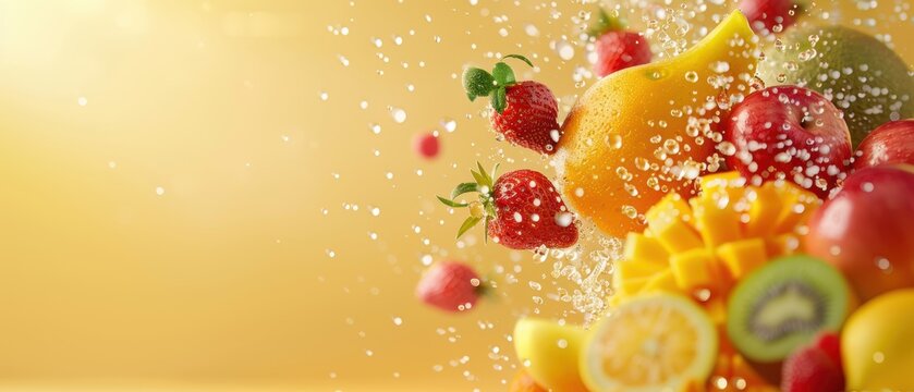 Fresh fruit explosion with various fruits flying in mid-air, dynamic and colorful, representing vibrant and healthy eating, high resolution