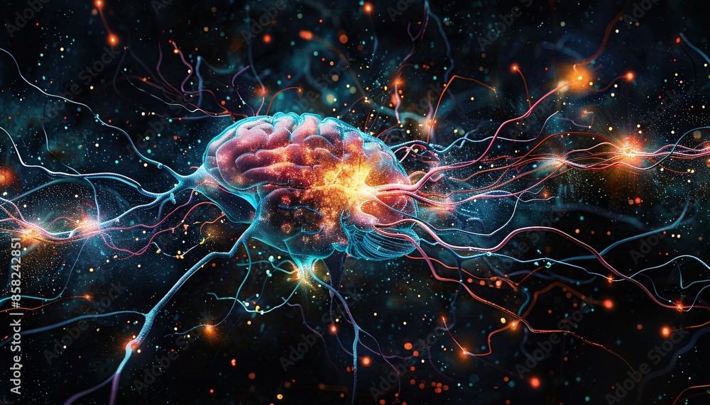 Poster vibrant neural network visualization with glowing synapses and electric impulses in a cosmic backgro
