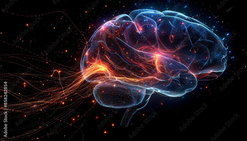 Poster futuristic digital brain with neural network connections and glowing synapses in a dark space