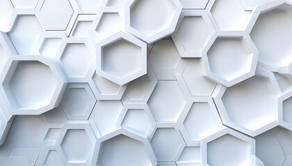 Fototapeta premium Abstract White Hexagonal Pattern Background with 3D Geometric Shapes for Modern Design and Technology Concepts