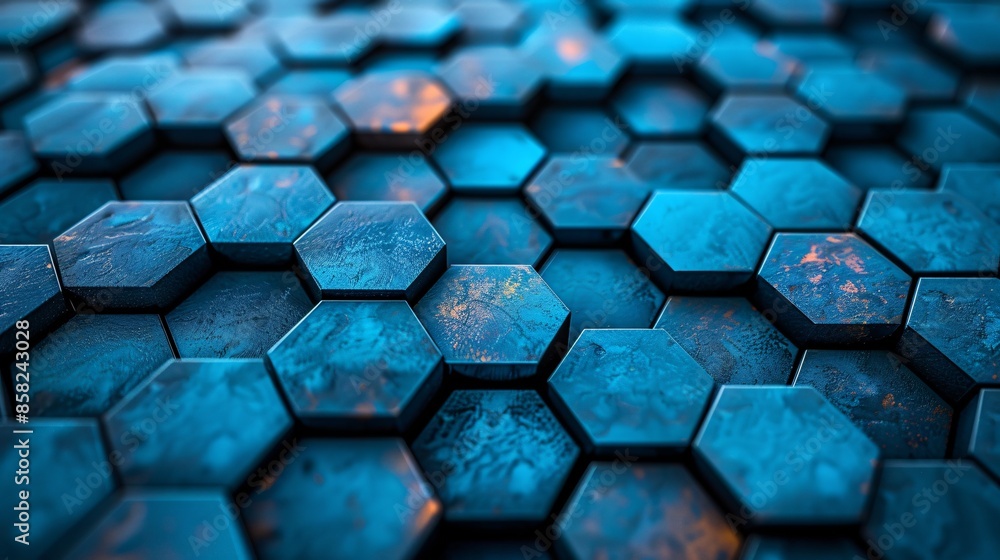 Poster abstract blue hexagonal pattern with metallic texture and orange highlights