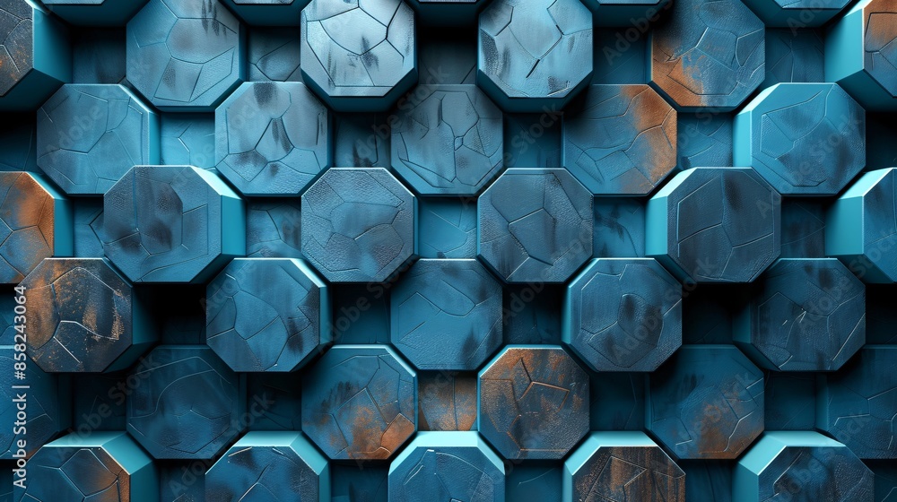 Poster abstract blue hexagonal pattern with textured surface and rust accents