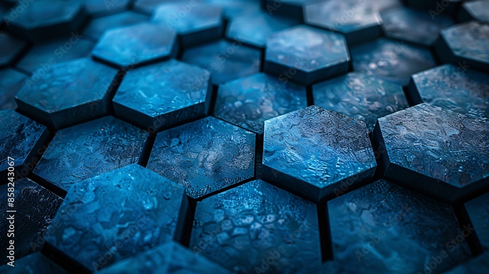 Poster abstract blue hexagonal pattern with frosty texture, geometric background design